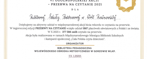 Podziękowanie za  udział w ogólnopolskiej akcji - " Przerwa na czytanie 2021"