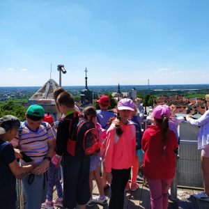 Uczniowie podziwiają panoramę miasta z Bramy Opatowskiej