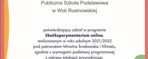 Certyfikat potwierdzający udział w programie EkoEksperymentarium online