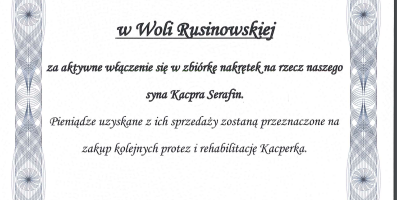 Podziękowanie dla PSP w Woli Rusinowskiej za aktywne włączenie się w zbiórkę nakrętek