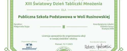 Licencja Organizatora Lokalnego akcji XIII Światowego Dnia Tabliczki Mnożenia