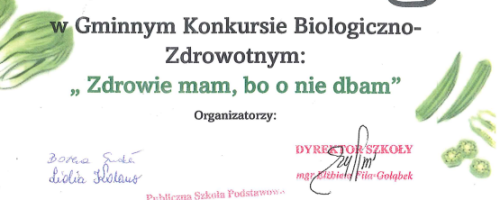 Wyróżnienie dla PSP w Woli Rusinowskiej w Gminnym Konkursie Biologiczno - Zdrowotnym