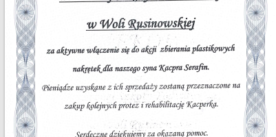 Podziękowanie dla PSP w Woli Rusinowskiej za aktywne włączenie się w zbiórkę nakrętek