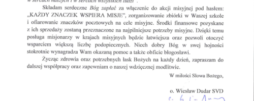 Podziękowanie dla PSP w Woli Rusinowskiej za udział w akcji "Każdy znaczek wspiera misje"