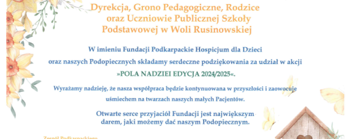 Podziękowanie za udział w akcji "POLA NADZIEI EDYCJA 2024/2025"
