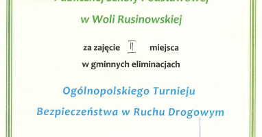 Dyplom za zajęcie II miejsca w gminnych eliminacjach Ogólnopolskiego Turnieju Wiedzy o Bezpieczeństwie Ruchu Drogowego
