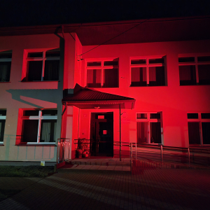 Budynek Publicznej Szkoły Podstawowej w Woli Rusinowskiej podświetlony na czerwono.
