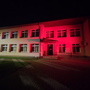 Budynek Publicznej Szkoły Podstawowej w Woli Rusinowskiej podświetlony na czerwono.