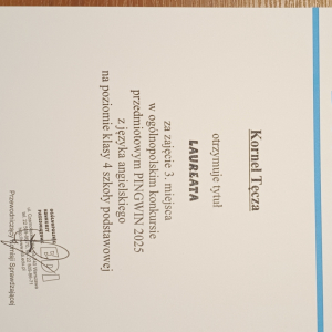 Kornel T. zajmuje III m. z języka  angielskiego w Ogólnopolskim Konkursie Przedmiotowym PINGWIN 2025