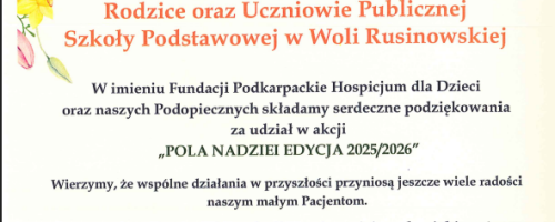 Podziękowanie za udział w akcji „POLA NADZIEI EDYCJA 2025/2026