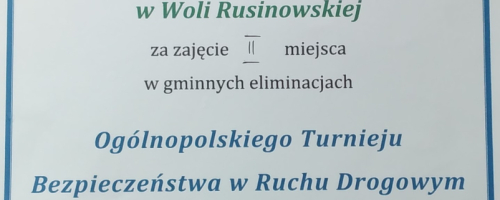 Dyplom za zajęcie II miejsca w gminnych eliminacjach Ogólnopolskiego Turnieju Wiedzy o Bezpieczeństwie Ruchu Drogowego