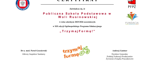 Certyfikat potwierdzający udział w XIX edycji Ogólnopolskiego Programu Edukacyjnego "Trzymaj formę"