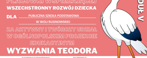 Certyfikat za aktywny i twórczy udział w ogólnopolskim projekcie edukacyjnym "Wyzwania Teodora".