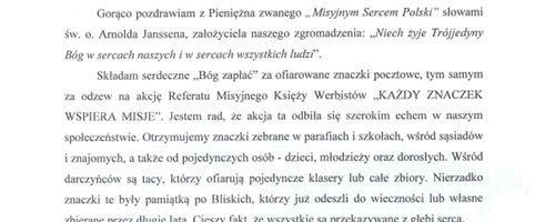 Podziękowanie za udział w akcji "KAŻDY ZNACZEK WSPIERA MISJE"